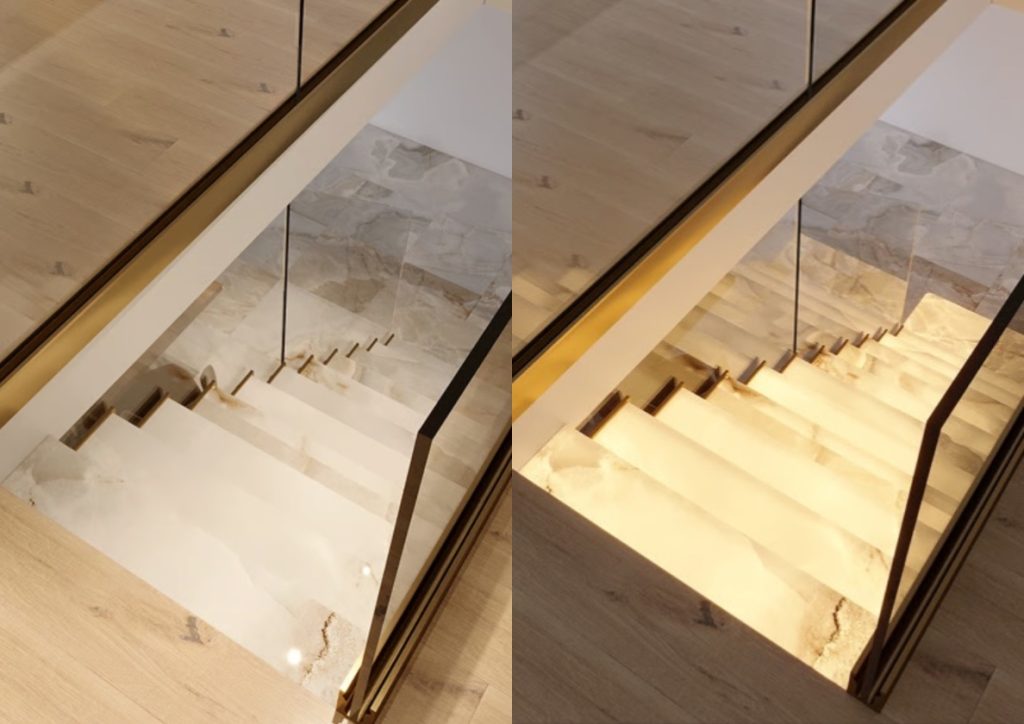 Difference between steps without and with LED lighting