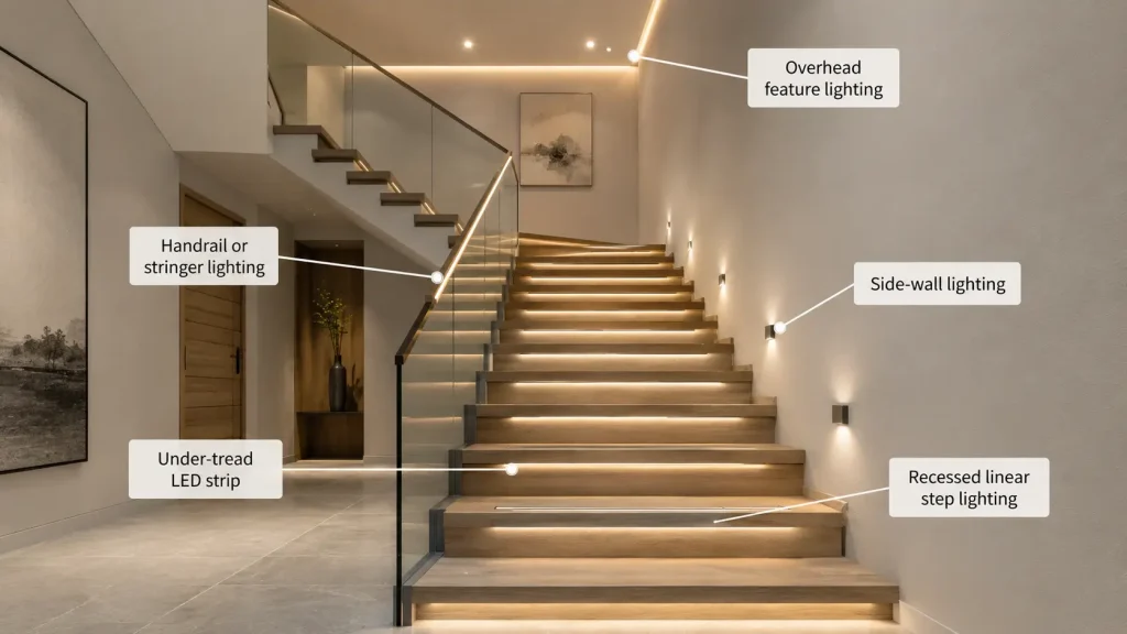various types of lighting used for staircases
